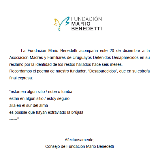 Carta de adhesión a Madres y Familiares de Uruguayos Detenidos Desaparecidos